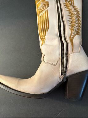 Dan Post White Leather Western Boots with Gold Embroidered Wing Detail